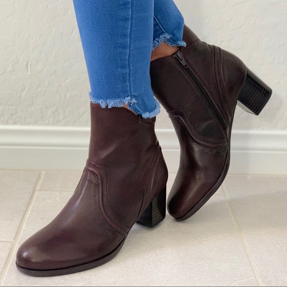 Red Wine Leather Chunky Heeled Combat Moto Boots - Picture 3 of 7